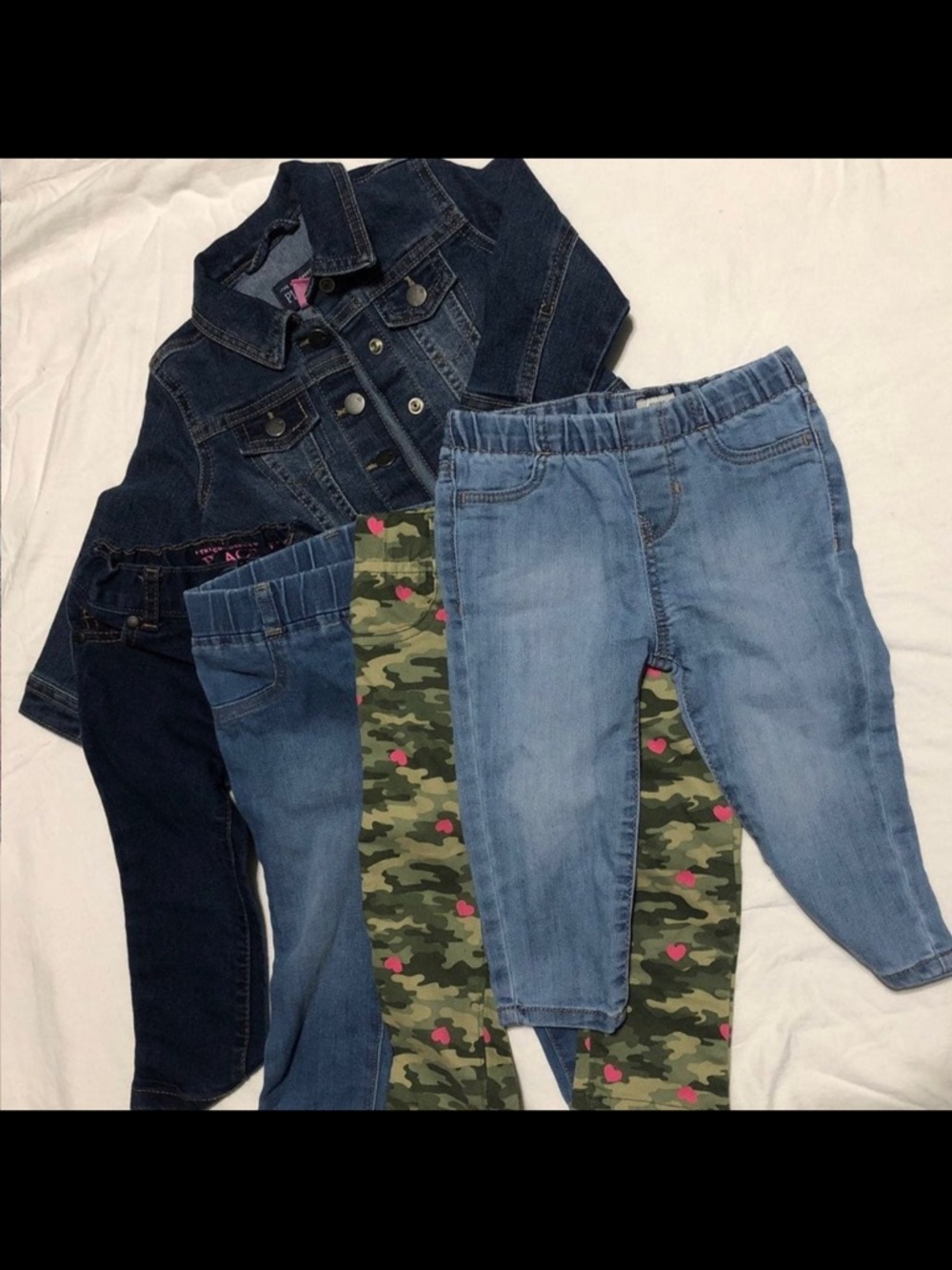 Dark Denim Jacket Girls Pants Bundle (34)-Blue & Camouflage Sz 18 month